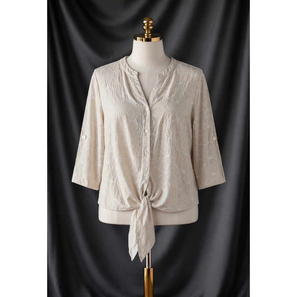 Bellisima By Kim Gravel Embroidered Top Large Make My Daisy Tan White A686194